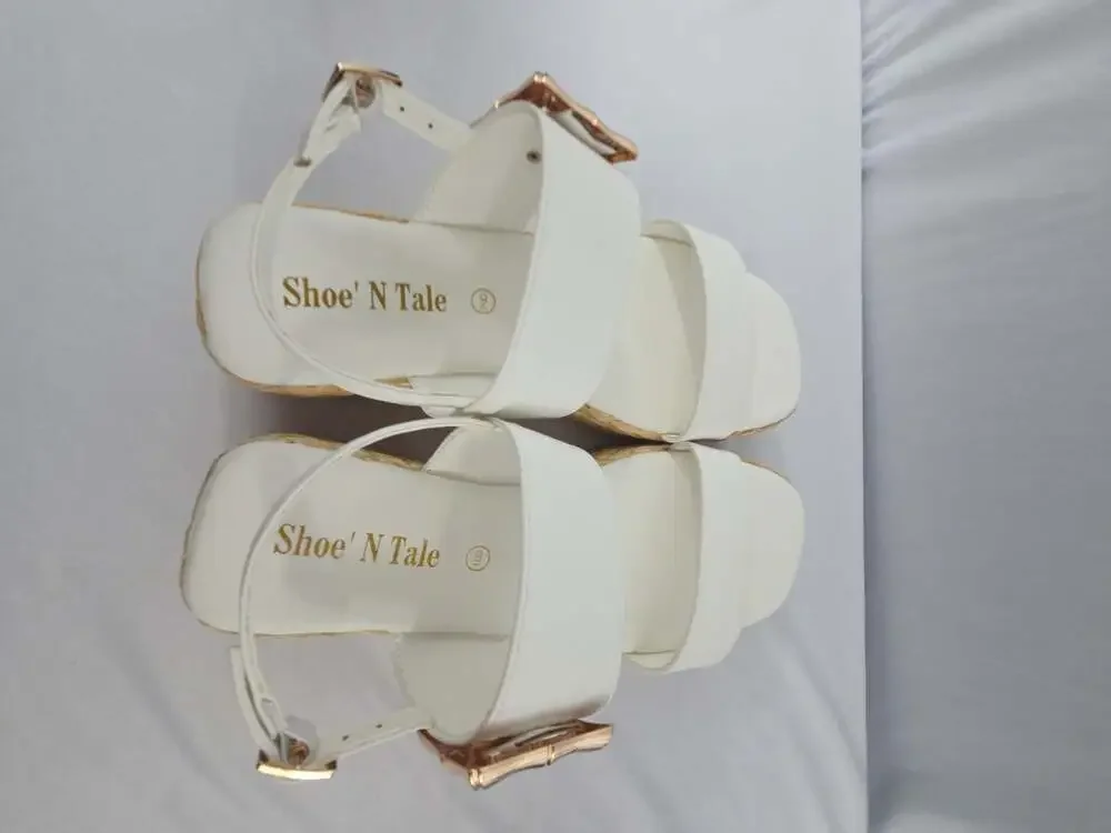 Shoe' N Tale White Platform Espadrille Wedge Sandals with Gold Buckle Details